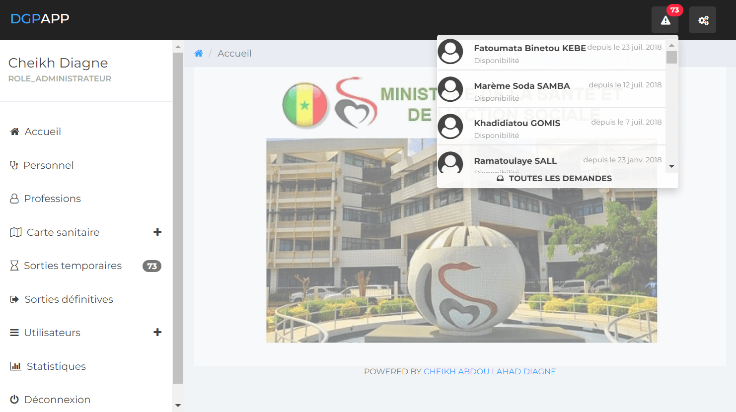 page d'accueil de l'application