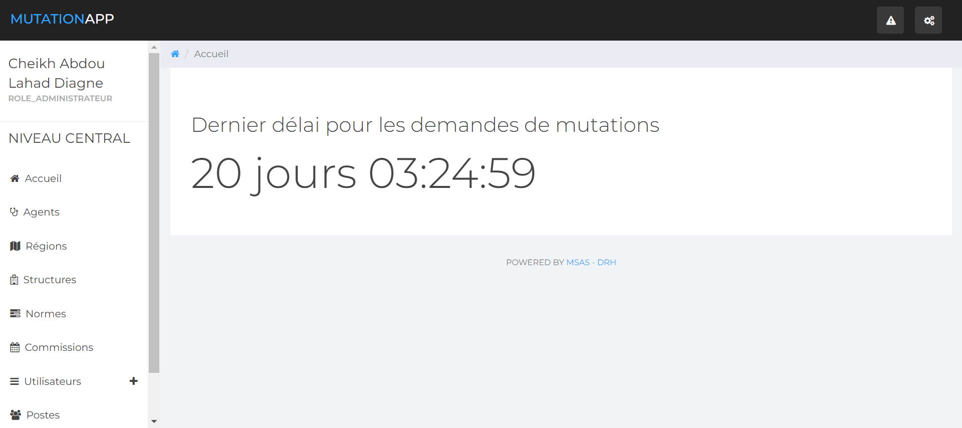 page d'accueil de l'application