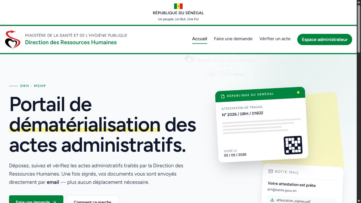 Page d’accueil du portail e-DRHSanté pour la dématérialisation des actes administratifs